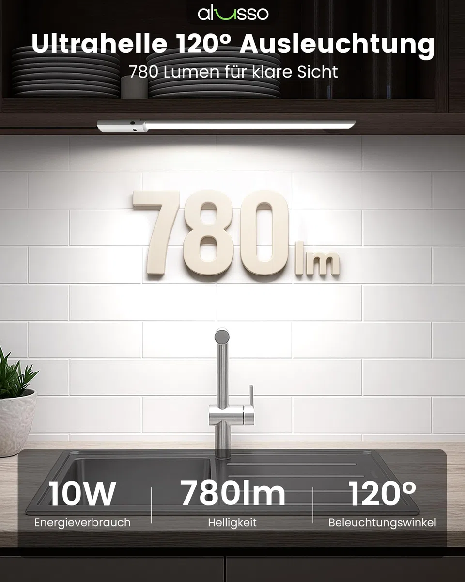 ALUSSO 60cm Unterbauleuchte küche LED Dimmbar, 3 Farbtemperatur Lichtleiste mit Berührungsloser Sensor, Ultra Dünn Unterschrank Beleuchtung für Schrank, Regale, Werkbank, 780Lumen