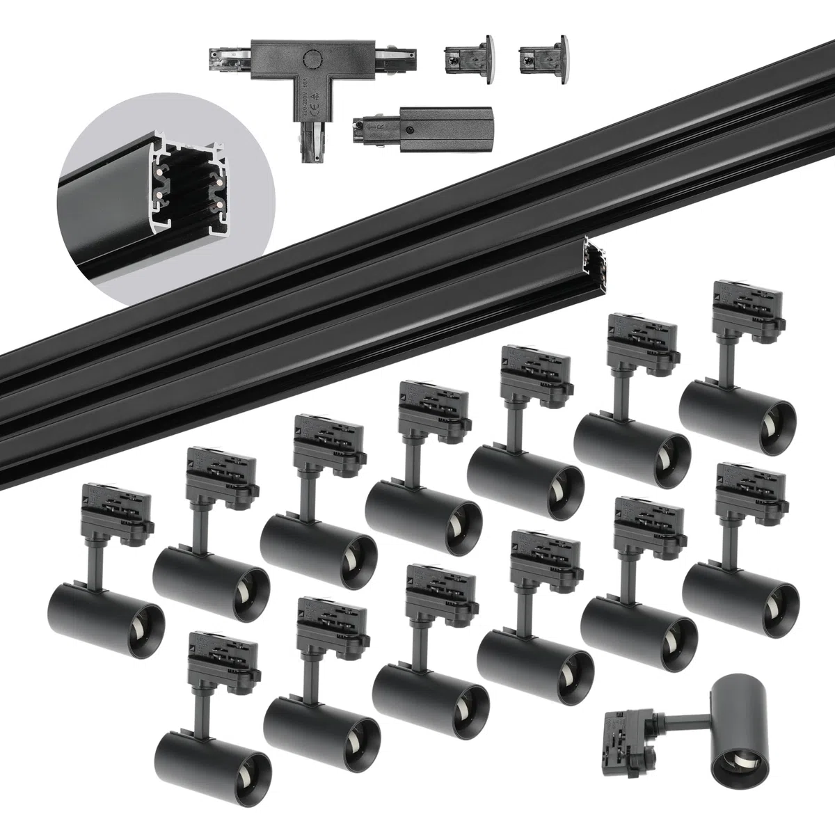 NEXTRACK 3-Phasen-Schienen-Set 1m+2m+2m 14x GU10-Lampe T-Verbinder Netzteil Kappe Schwarz