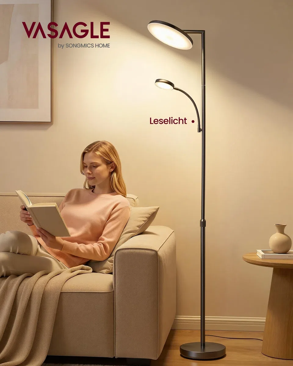 VASAGLE Stehlampe Wohnzimmer, LED-Stehleuchte höhenverstellbar, Standleuchte 42W, drehbarer Lampenkopf, Schlafzimmer, Büro, Leselampe, Timer, Tasten- und Fernbedienung, mattschwarz LFL028BD02