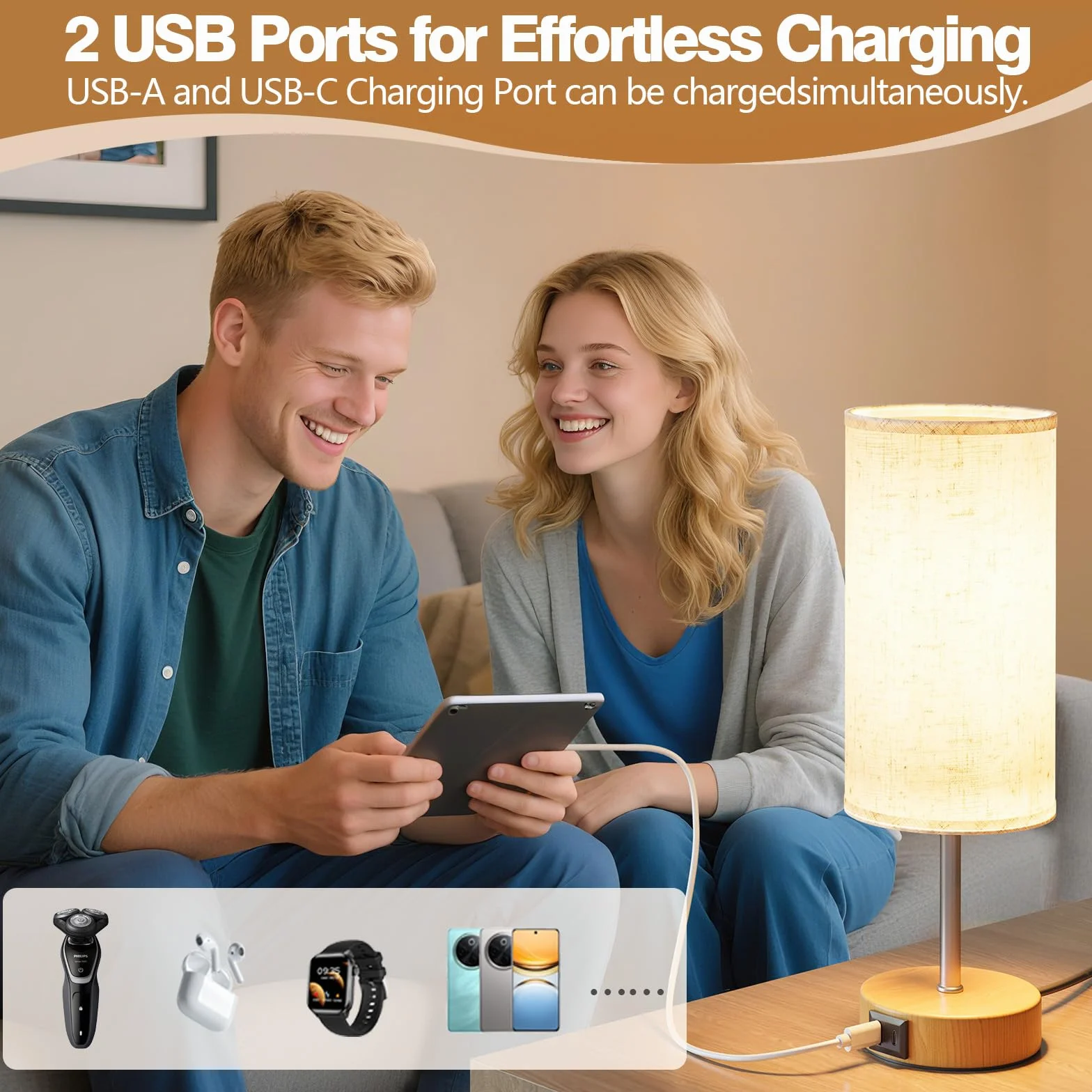 Nachttischlampe 2er Set, Tischlampe mit USB-A und USB-C Ladefunktion, Schreibtischlampe, Leselampe, Dekolampe, Touchdimmbar, 3 Stufen Warmlicht, Leinen-Lampenschirm, 1,5m Kabel(E27-Lampe inkl)