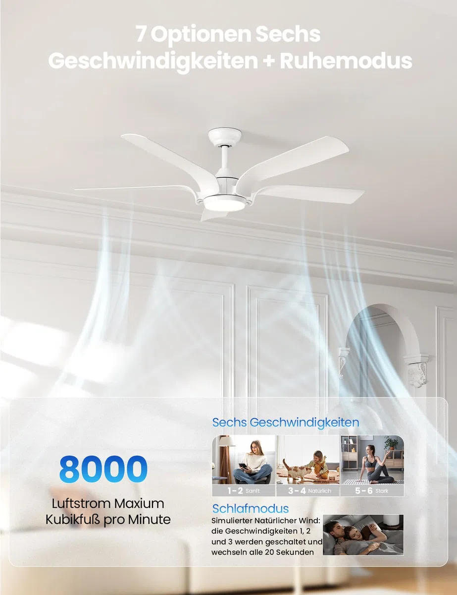CJOY Deckenventilator mit Beleuchtung 142cm Weiß Fernbedienung Leise 6 Geschwindigkeiten 3 CCT Dimmbar Reversible 5 Flügel