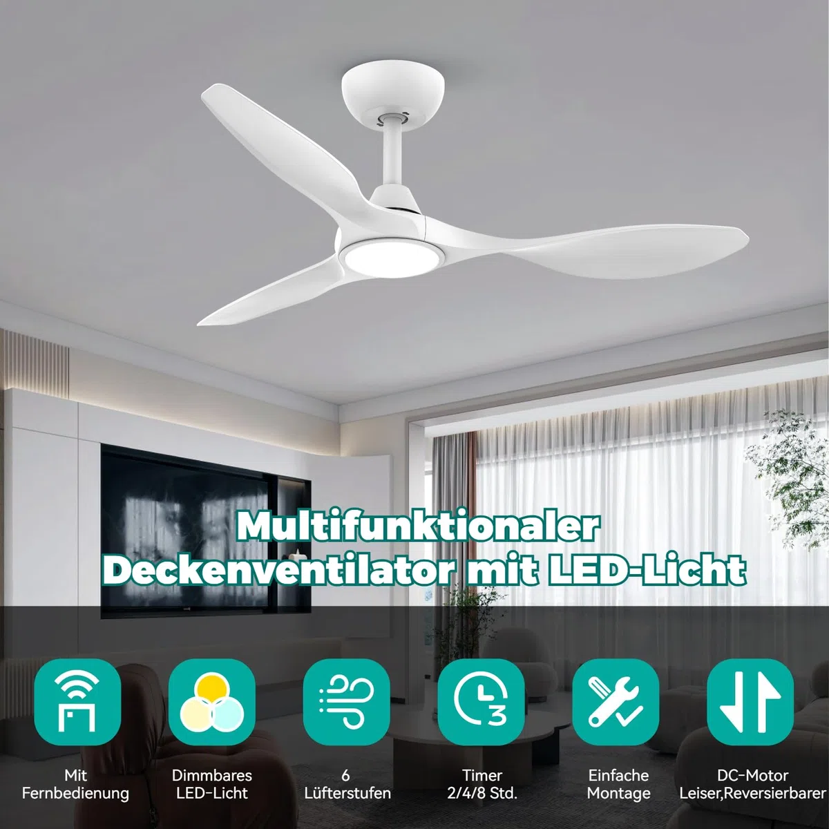 ocioc Deckenventilator mit Beleuchtung und Fernbedienung Große, LED Dimmbar, Ø107 cm, Weiß, Moderne Geräuscharm Lüfterlicht für Wohnzimmer, Schlafzimmer, Leise DC Motor, 6 Geschwindigkeiten, Timer