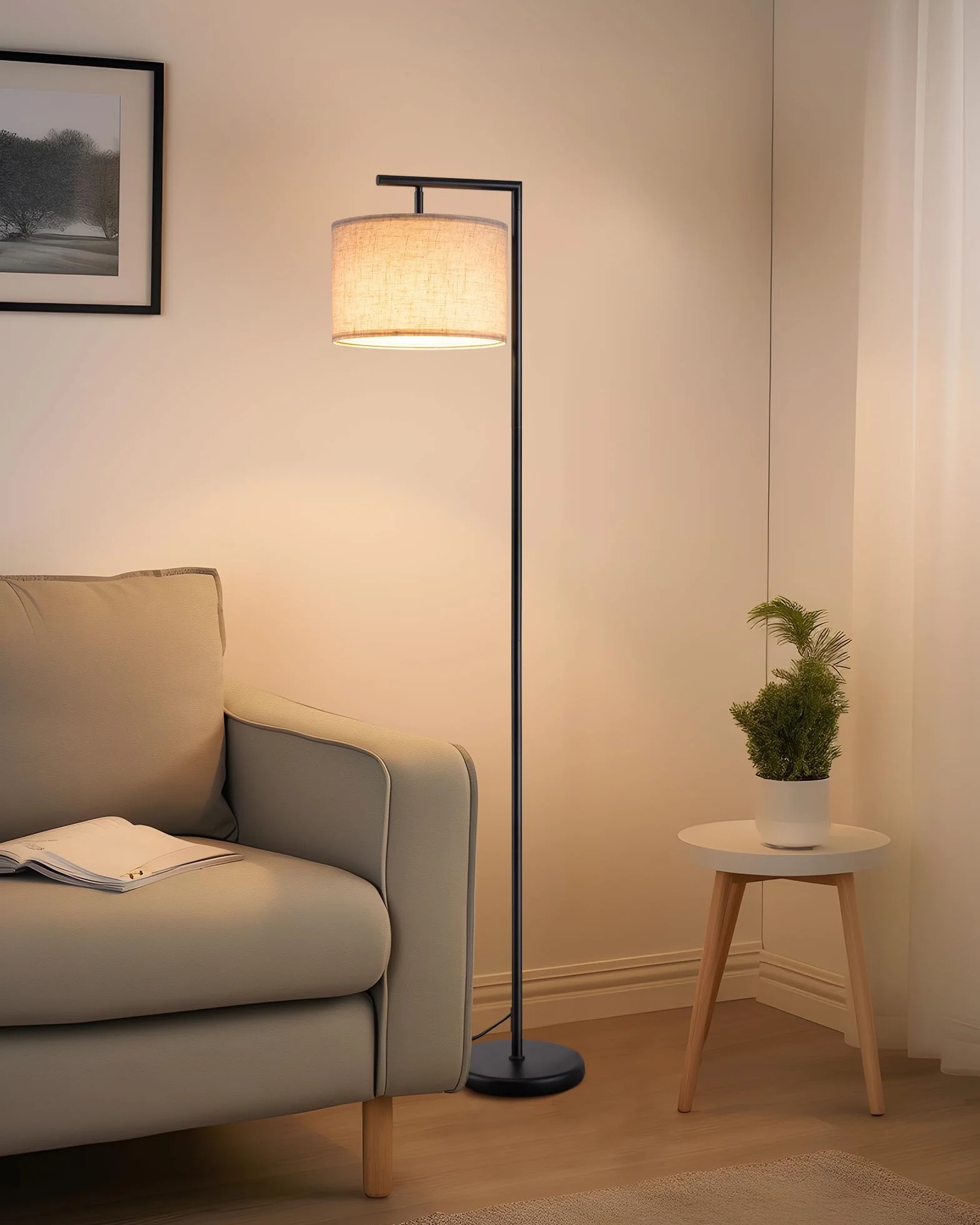 EDISHINE Stehlampe Wohnzimmer 160cm, Bogenlampe Modern mit Beigen Verstellem Leinen-Lampenschirm, LED E27 Glühbirne inklusive, Schwarz Leselampe Stehleuchte für Schlafzimmer, Kinderzimmer