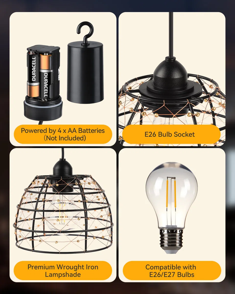 Hängelampe mit Batterien betrieben für Außen Innen, 2 Stück Boho LED Lampe Pendelleuchte mit Fernbedienung Helligkeit einstellbar, Timer IP65 wasserdicht für Garten Terrasse