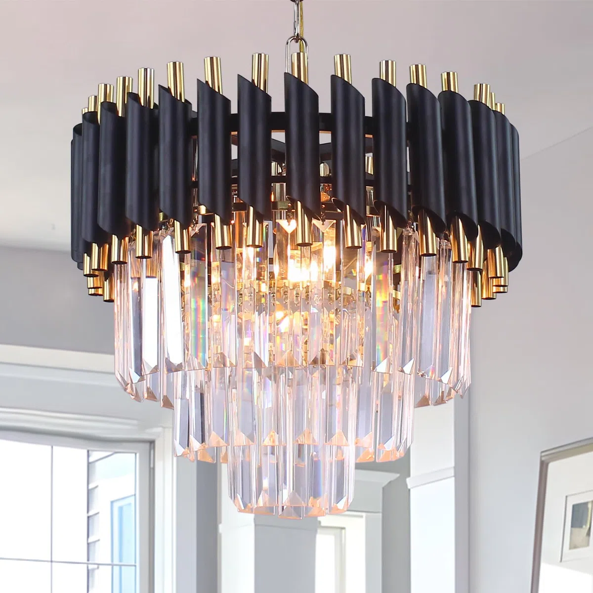 FRIXCHUR Moderne Kristall Kronleuchter 3-Tier Kristall Kronleuchter Licht 15,7 '' Schwarz und Gold Pendelleuchten für Wohnzimmer Küche Insel Foyer E14x5 Glühbirne (nicht enthalten Glühbirne)…