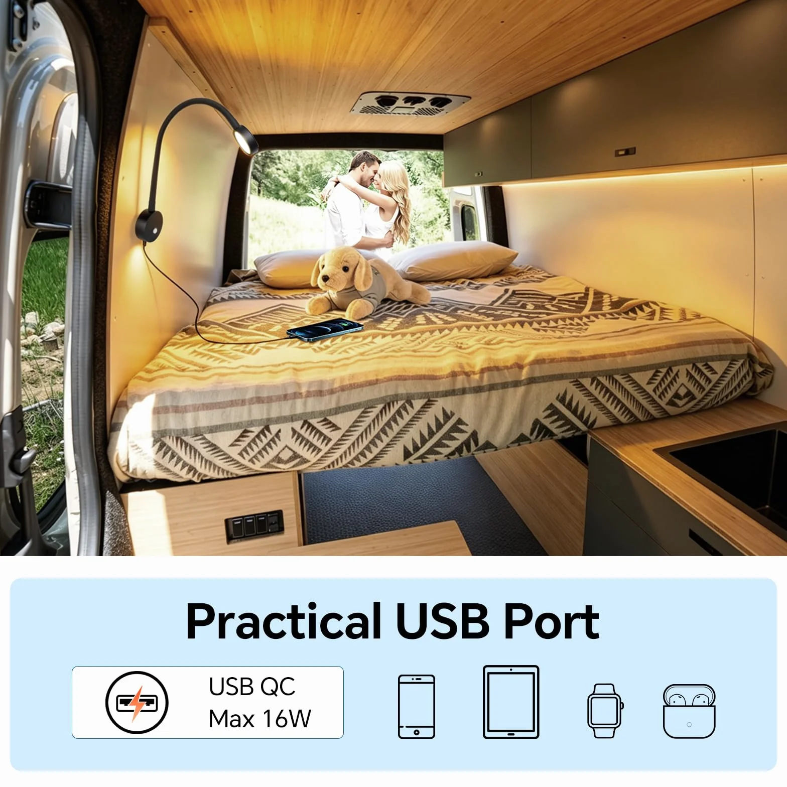 LED Leselampe 12V Wohnmobil mit USB&Rotem Nachtlicht 254lumen 4000K Dimmbar Flexible Schwanenhals Wandlampe Bettseite DC 12V-24V Spot für Boot Wohnwagen Yacht Innenbeleuchtung