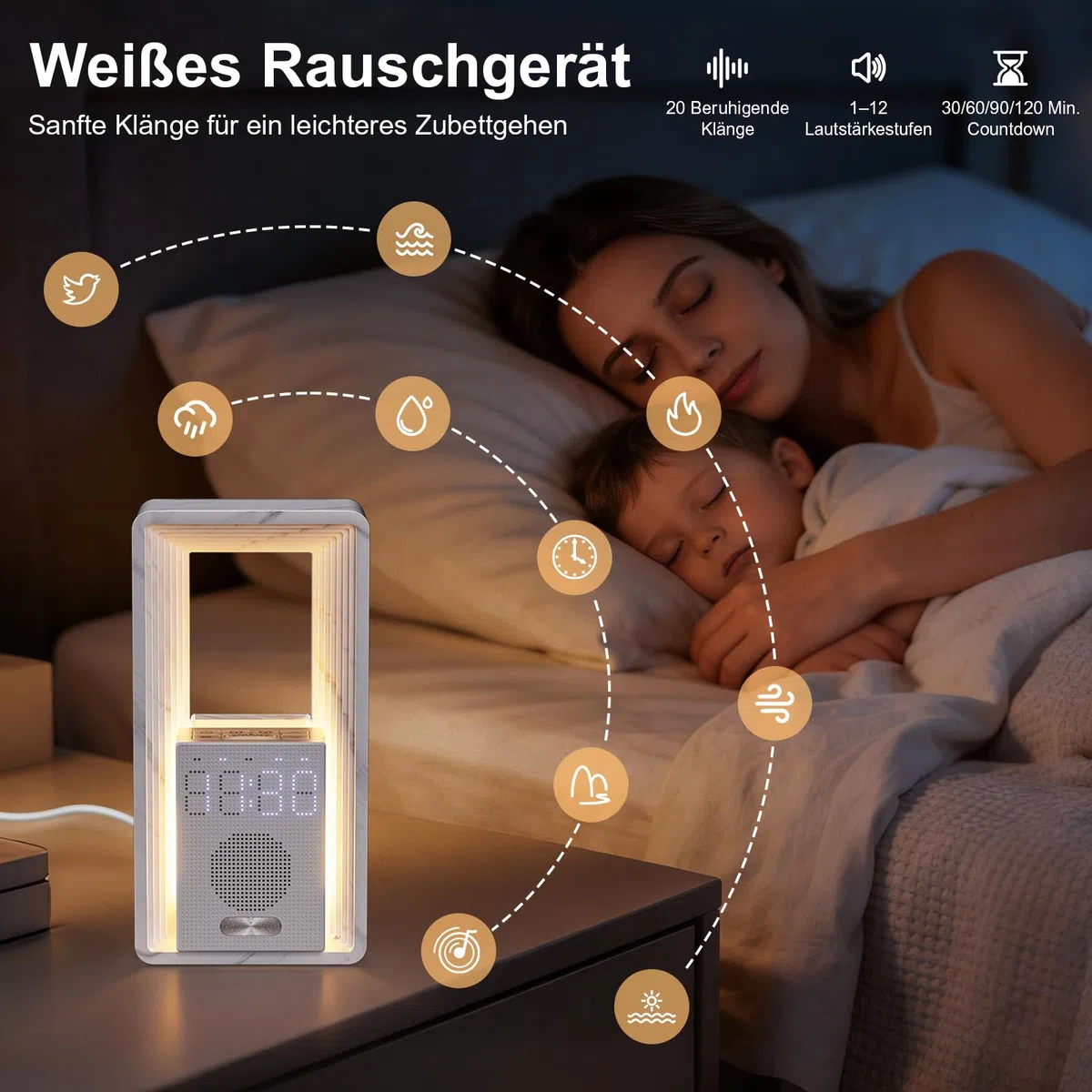 Hensam Tageslichtwecker mit Weißem Rauschen, Lichtwecker mit Sonnenaufgangssimulation, Nachtuhr Wecker mit 20 Naturgeräusche und Timer für Leichtschläfer, Wake up Licht für Kinder, Erwachsene