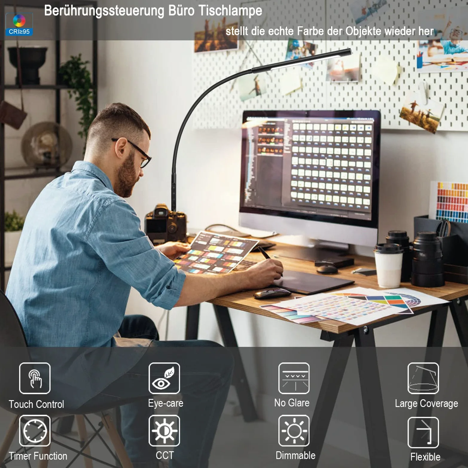 EYOCEAN LED Schreibtischlampe, Augenschutz Klemmleuchte, Klemmlampe Einstellbare Dimmen & Farbtemperaturen, Büro Tischlampe, Klemmlampe mit Speicherfunktion und Timerfunktion, 12W, Schwarz