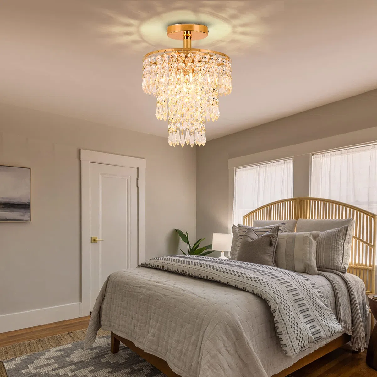 FRIXCHUR Mini Größe Kristall Kronleuchter Moderne Unterputz Deckenleuchte 3-Stufen Regentropfen Kristall Anhänger Beleuchtung Dekoration für Schlafzimmer Flur Wohnzimmer, E26 Basis, Gold