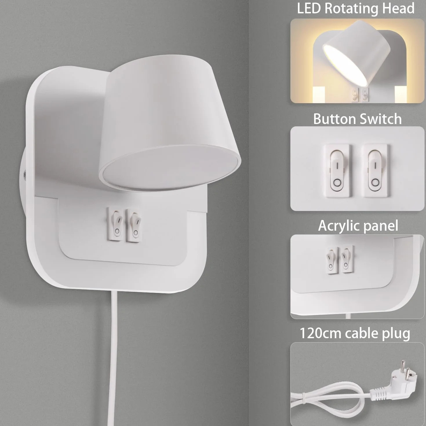 Leselampe Wandmontage Bett,LED Wandleuchte mit Schalter, 4W+8W Bettlampe Wandlampe Leselicht Schwenkbar für Schlafzimmer, Hotels wandleselampe nachttischlampe Mit Kabel,3000K Einstellbare Weiß
