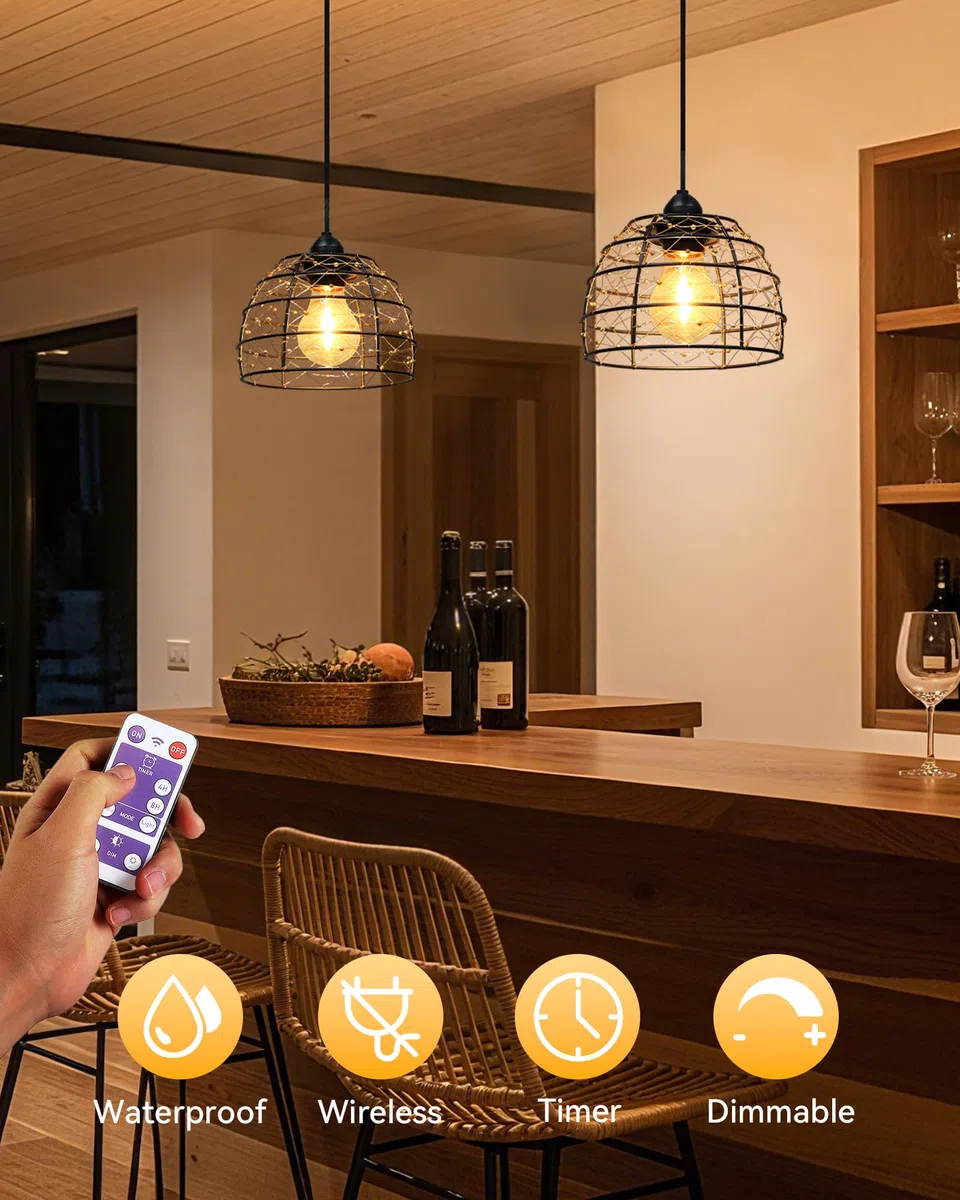 Hängelampe mit Batterien betrieben für Außen Innen, 2 Stück Boho LED Lampe Pendelleuchte mit Fernbedienung Helligkeit einstellbar, Timer IP65 wasserdicht für Garten Terrasse