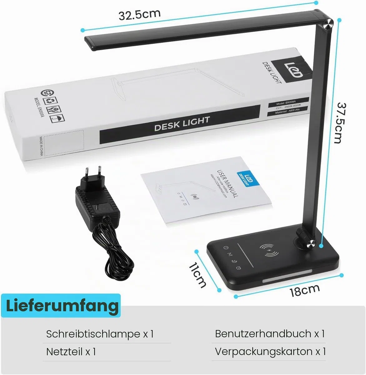 BIENSER Schreibtischlampe LED mit 10W Wireless Charging, USB Ladefunktion, 600LM Bürolampe Tischlampe mit 10 Helligkeits X 5 Farbstufen Dimmbar, Nachtlicht, Memory-Funktion, Auto Timer, 6000K, 24W