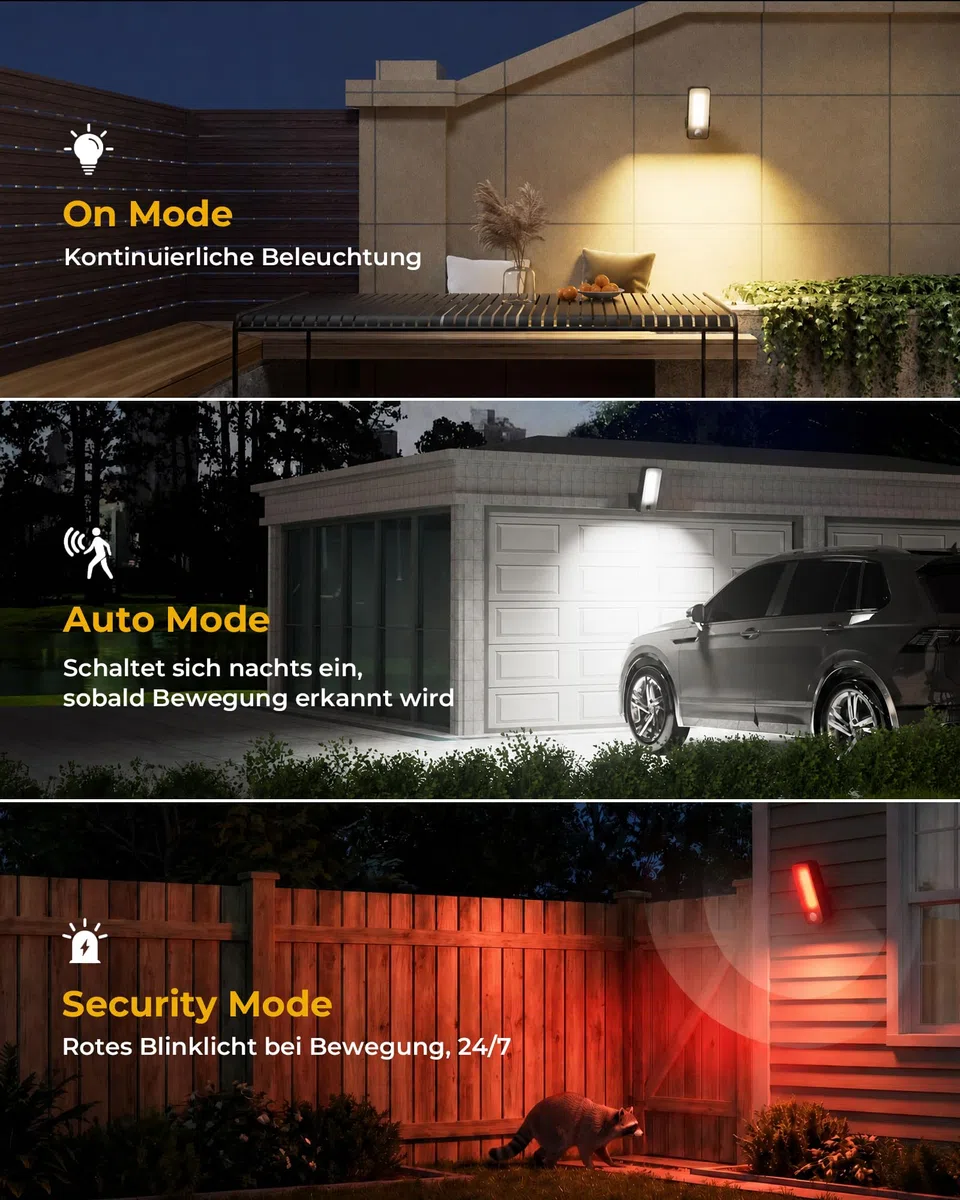 Außenlampe mit Bewegungsmelder, 12000mAh Akku Aussenlampe mit Bewegungsmelder, Fernbedienung, 3 Modi, 3 Lichtfarben, IP65 Wasserdichte Außenleuchte für Veranda, Garage, Terrasse, Hof, Haustüren