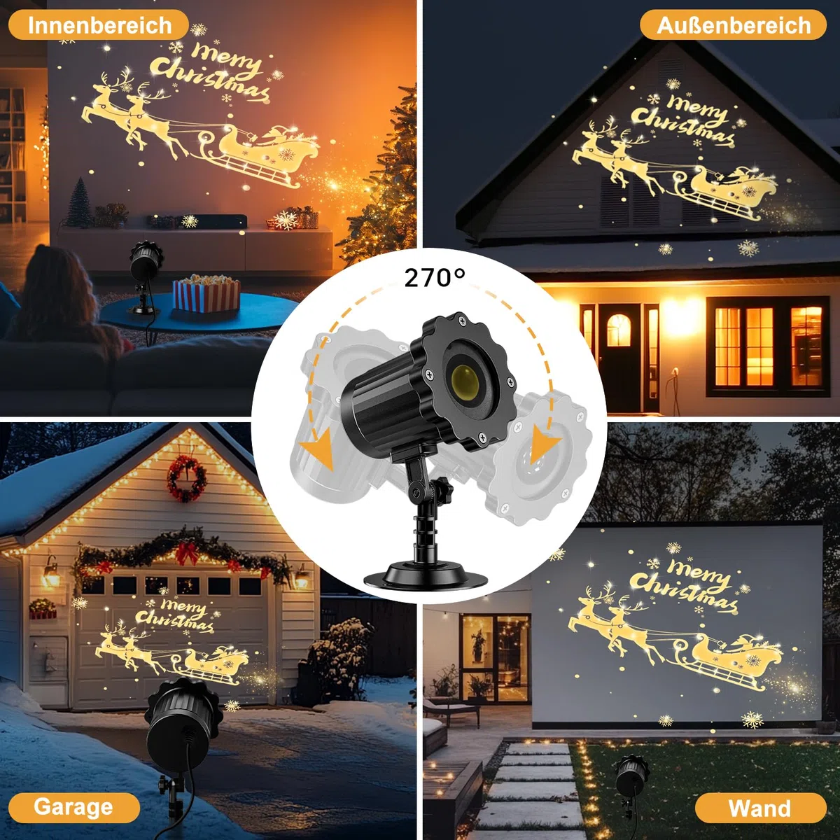 Weihnachten Deko Outdoor Indoor,3D Dynamische Schlitten Weihnachten Projektor,Wasserdicht Weihnachtsbeleuchtung außen für Garten Fenster Wand Hof Party Weihnachtsdeko Projector Lights