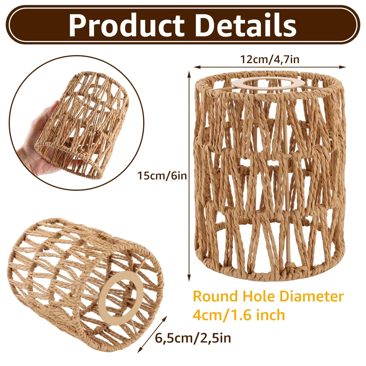 AKOLAFE 6 Stück Lampenschirm Hängelampe Boho 12x12x15cm Lampenschirm Rattan Papierlampenschirm Ersatzschirm Zubehör für Stehlampe, Tischlampe, Pendelleuchten, Hängelampenschirme