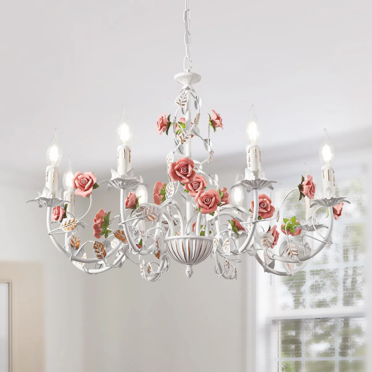 Blumen Kronleuchter Vintage,Weiße Metall Esstisch Lampe Mit Rosa Keramikrose,Französischer E14 Kerzen Pendelleuchte FüR Wohnzimmer Schlafzimmer Landhaus MäDchenzimmer KüChe,8 Köpfe