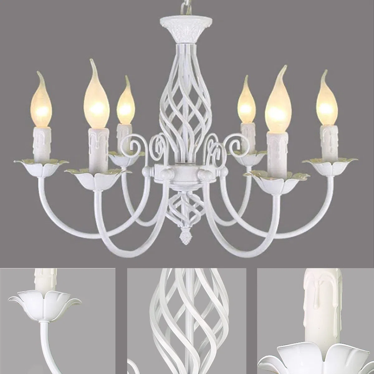 Vintage Kronleuchter Country Weiß, Pendelleuchten Vintage Kerze Französischer Kronleuchter, 6 Lichter Deckenleuchte Classic Hängende Lampe für Küche Wohnzimmer Schlafzimmer