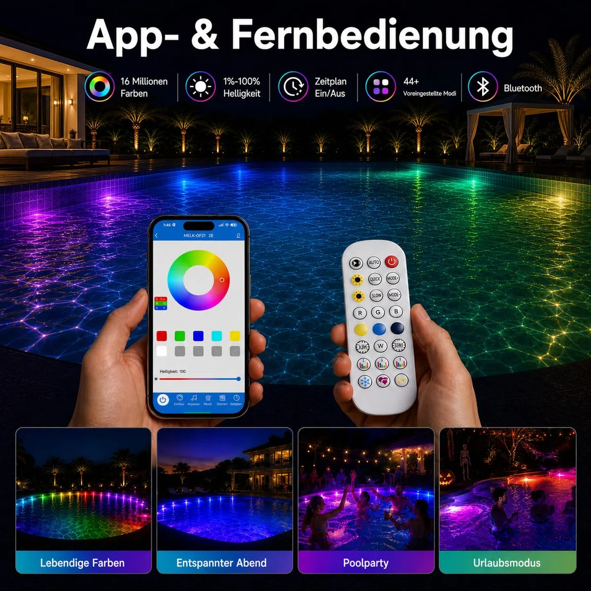 8-in-1 Poolbeleuchtungssystem 15m, 24V IP68 wasserdicht Poollicht ohne Umbau, RGB+IC Dynamische Pool LED, Vollflächige Pool Beleuchtung mit App & Fernbedienung für Einbau- und Aufstellpools
