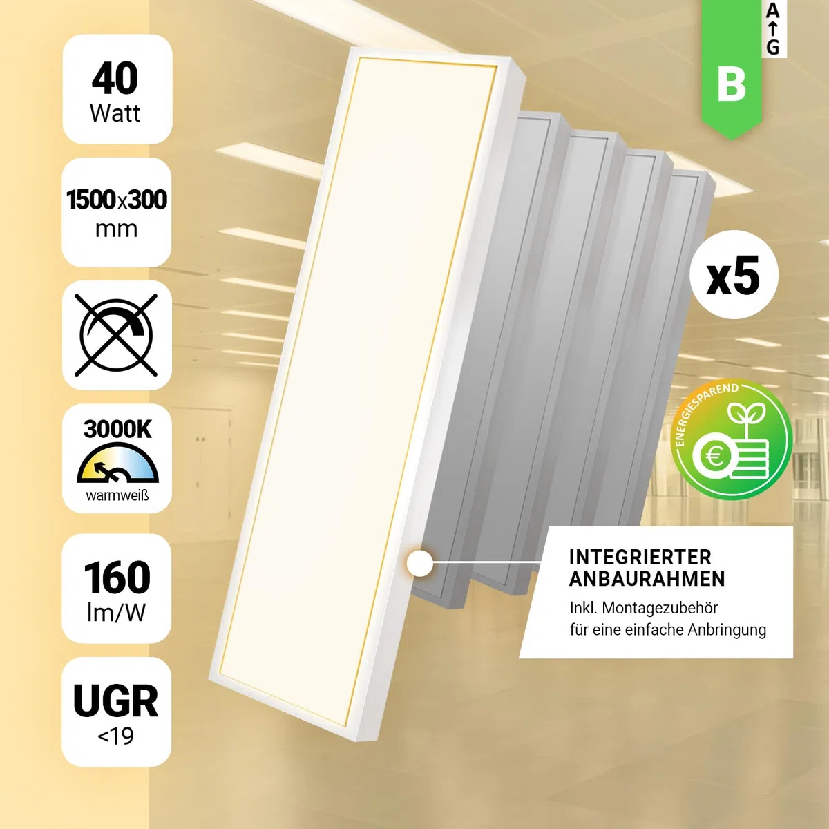 LED Anbaupanel 150x30cm 3000K Warmweiß UGR19 6400lm 40W Bürodeckenleuchte Aufputz Rasterleuchte