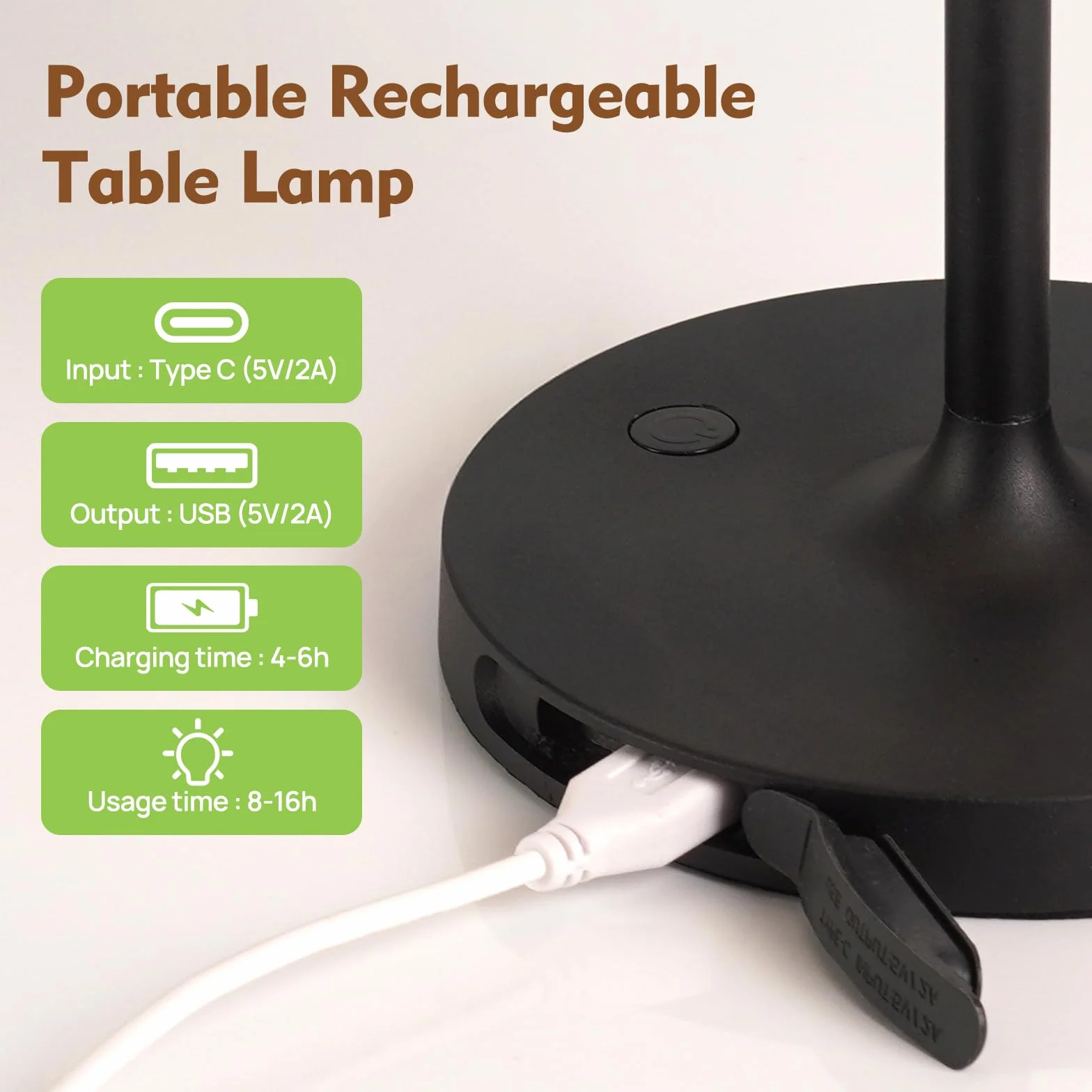 Tischlampe Kabellos，Dimmbar Nachttischlampe Touch，Akku Tischleuchte Kabellos，LED Tischlampe mit kugelförmigem Lampenschirm, geeignet für Schlafzimmer Wohnzimmer und Außenbereich – Schwarz