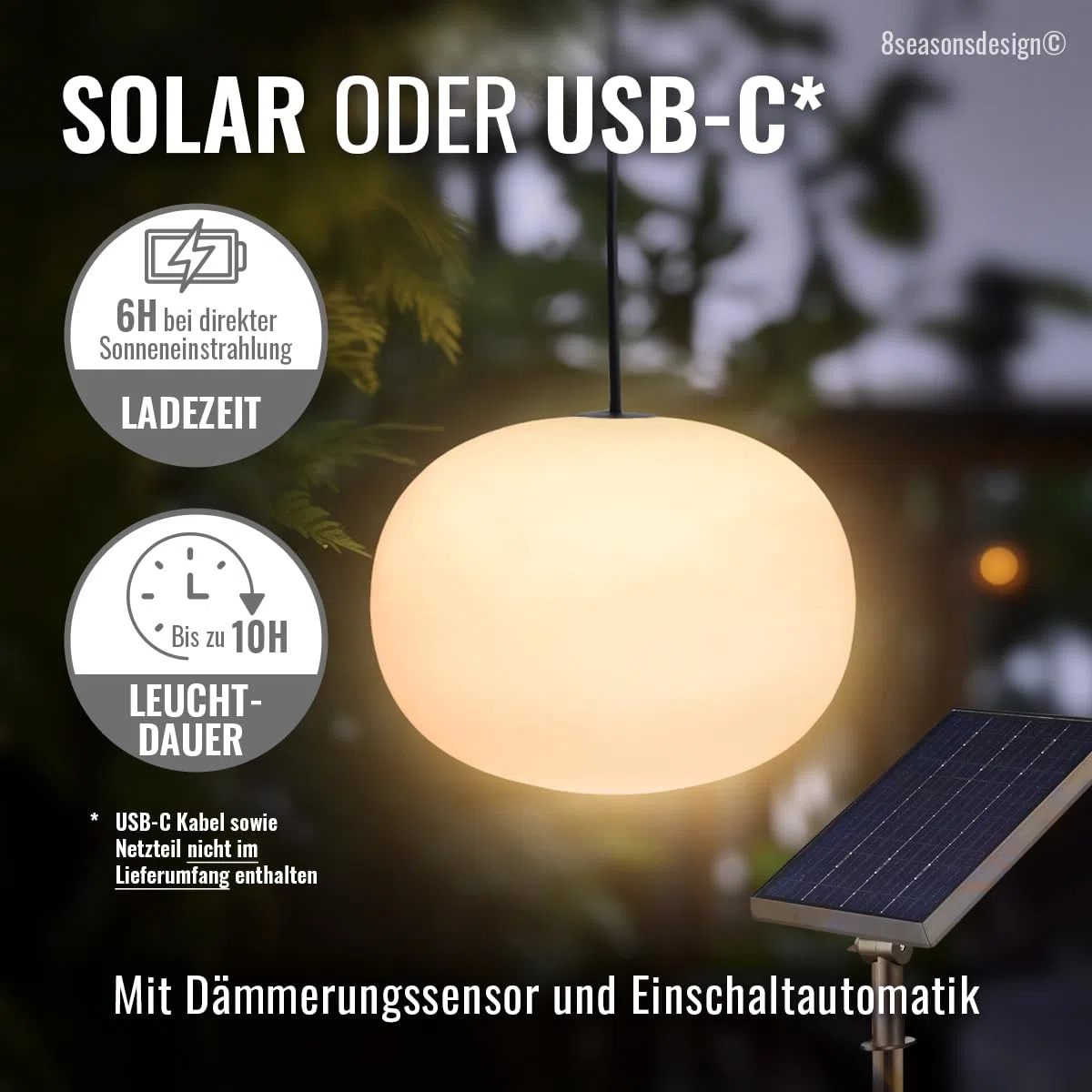 Solar LED Akku Hängelampe 23cm warmweiß dimmbar Timer Fernbedienung USB USB-C für außen innen