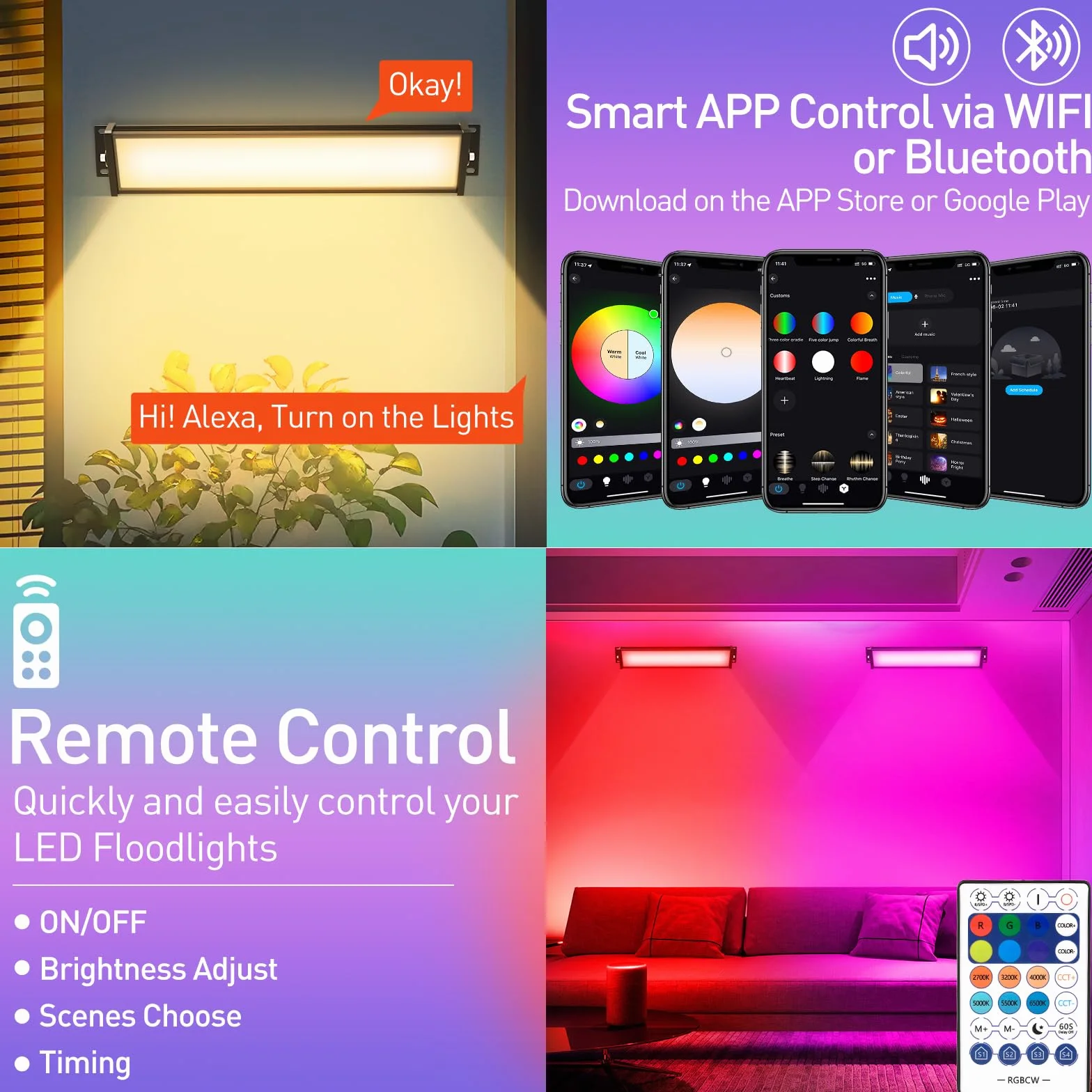 T-SUNUS RGB LED Strahler 72W Outdoor WiFi Bluetooth APP Steuerung IP66 Wasserdicht Wallwasher 4 Stück