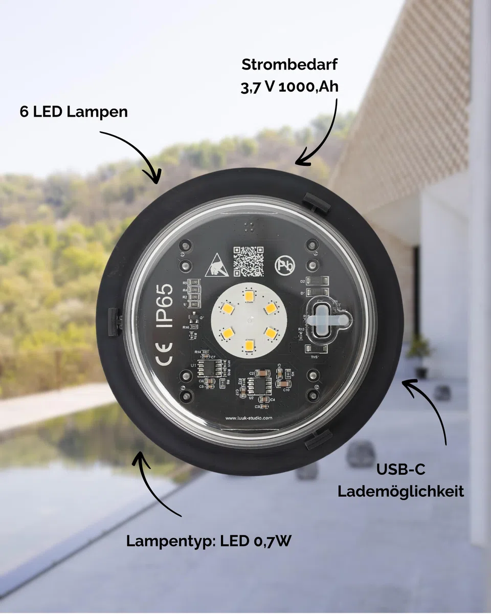 LUUK Studio Outdoor Solarmodul Tischleuchte IP65 kabellos USB-C Solar warmweißes Licht Boho Stil