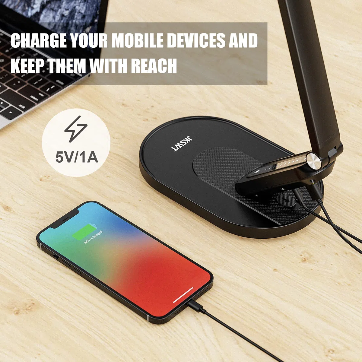 JKSWT Schreibtischlampe, für die Augenpflege Dimmbare Tischlampe mit 5 Farbmodi 72 LEDs mit USB-Ladeanschluss Touch-Steuerung und Memory-Funktion Bürolampe,Schwarz