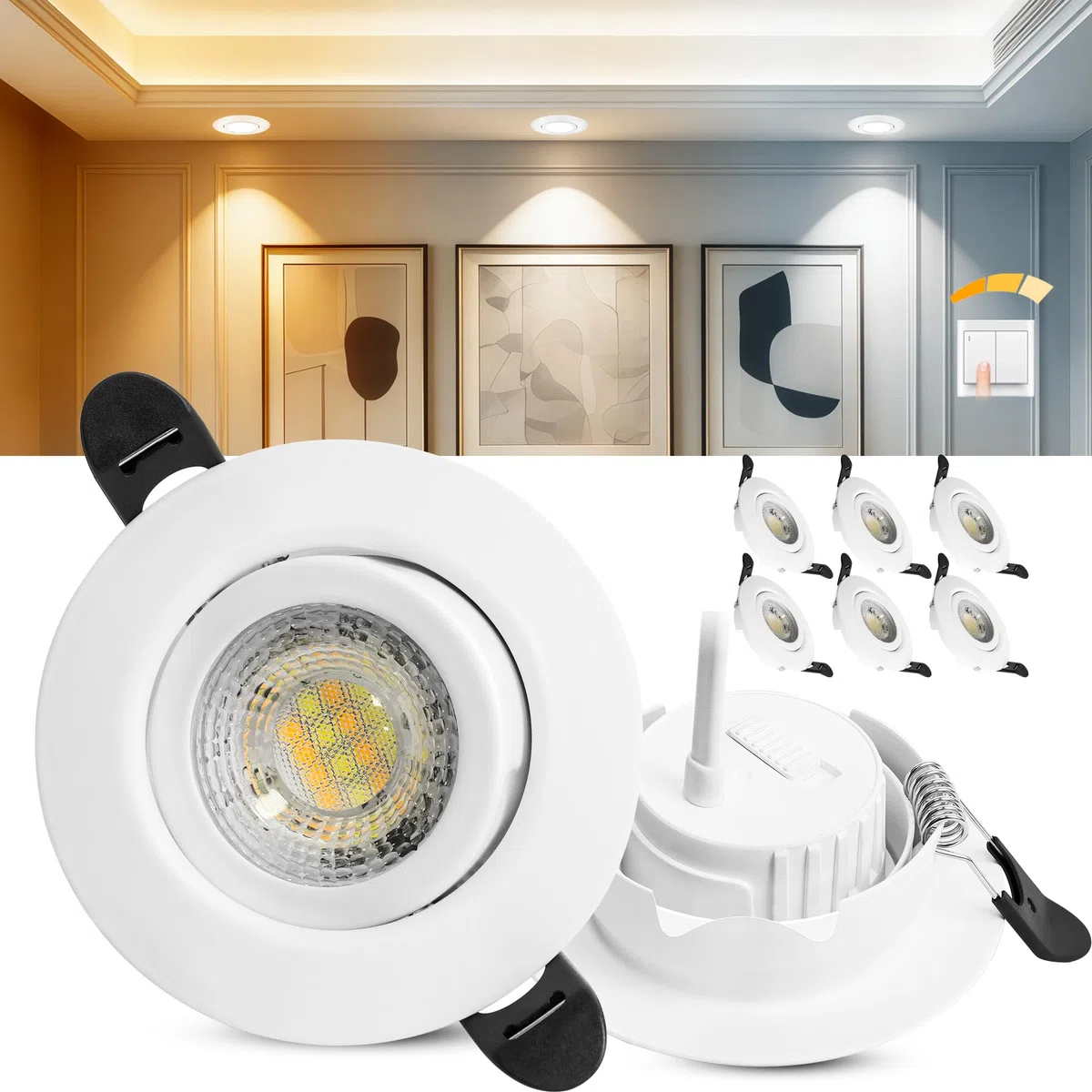 LED Einbaustrahler 230V Dimmbar, 6W IP44 LED Spots, 68mm Deckenspots 38° Schwenkbar 3000K/4000K/6000k für Badezimmer Küche Wohnzimmer Einbauspots Flach Einbauleuchten, Weiß, 6er Set