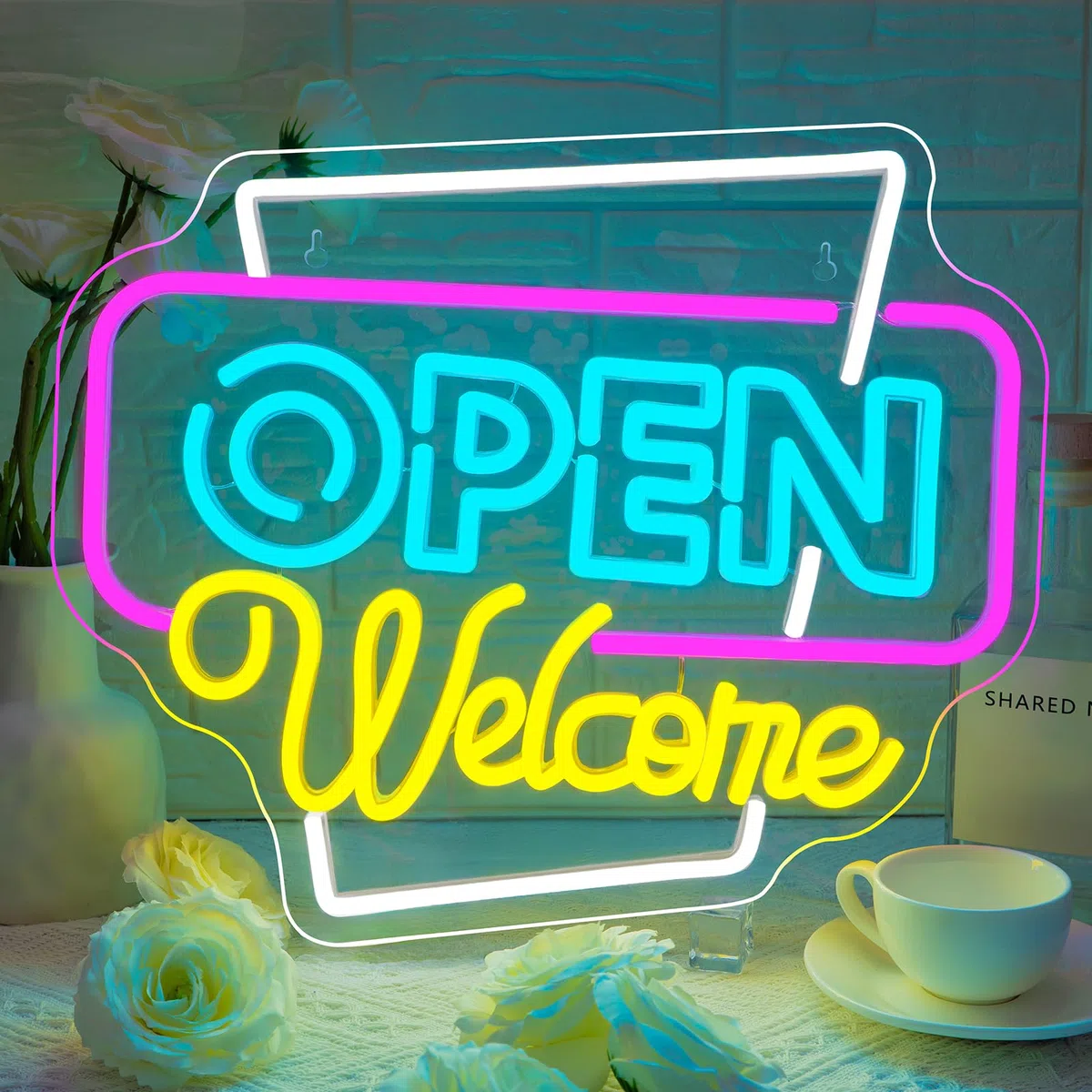 Horseneon Open Welcome Neon Schild Open Leuchtreklamen Dimmbare LED Leuchtschild Offene Neon Sign für Geschäft Schaufenster Party Bar Salon Café Dekoration an der Tür