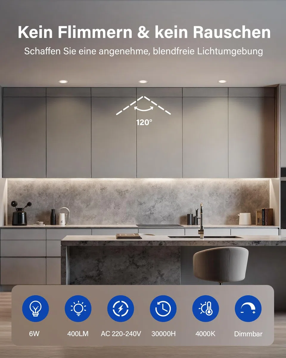 Leselux Einbaustrahler LED Dimmbar, 10x 6W LED Spot 230V IP65 4000K Neutralweiß 400LM, Einbauleuchten Für Das Bad, Deckenspots 68-80mm, Einbauspots Weiß für Badezimmer Küche Wohnzimmer Loft