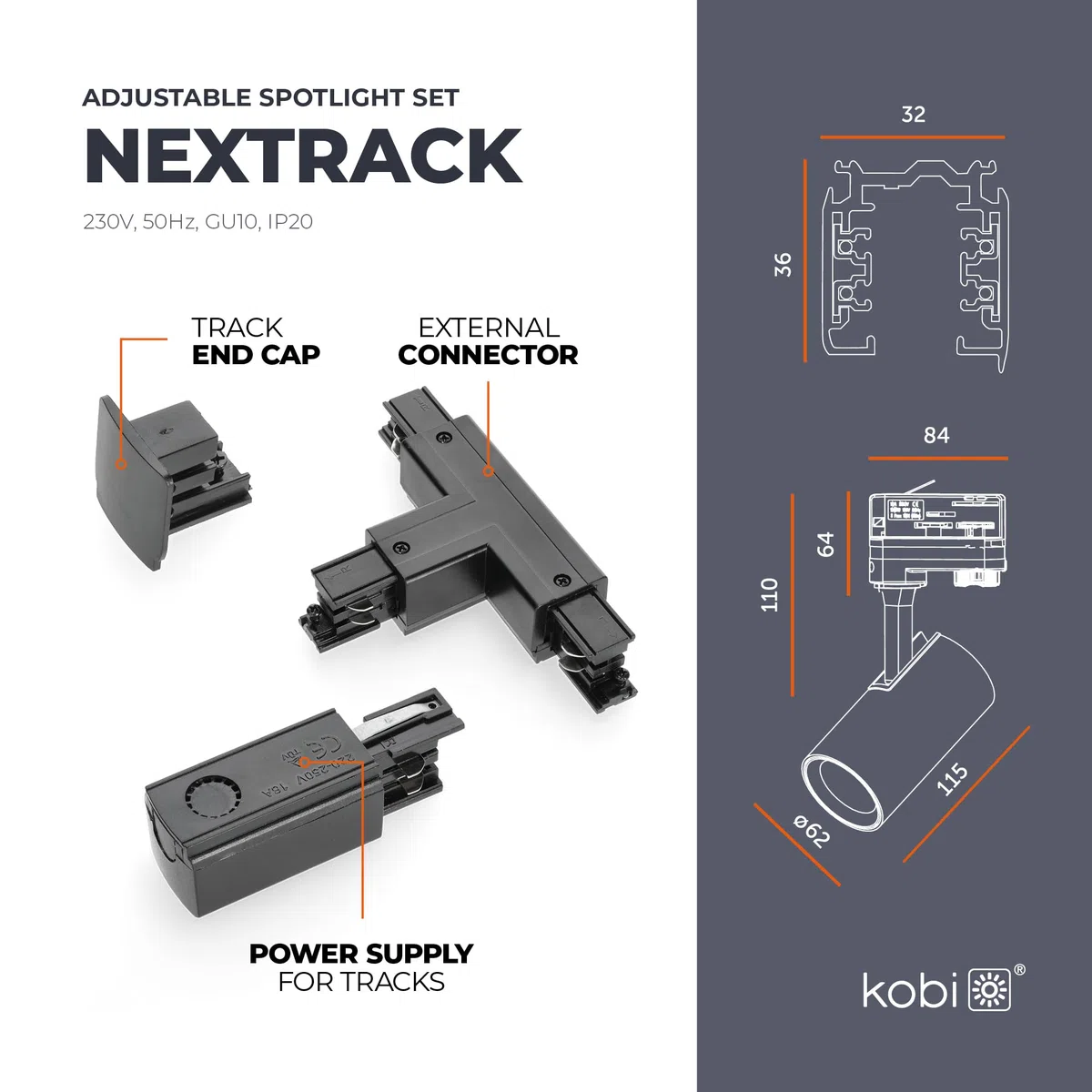 NEXTRACK 3-Phasen-Schienen-Set 1m+2m+2m 14x GU10-Lampe T-Verbinder Netzteil Kappe Schwarz