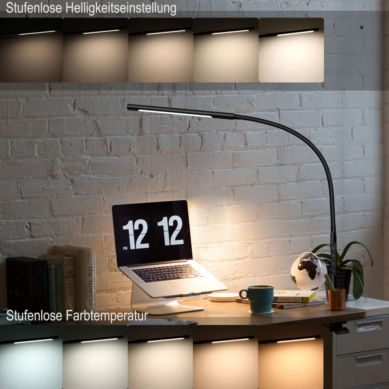 EYOCEAN LED Schreibtischlampe, Augenschutz Klemmleuchte, Klemmlampe Einstellbare Dimmen & Farbtemperaturen, Büro Tischlampe, Klemmlampe mit Speicherfunktion und Timerfunktion, 12W, Schwarz
