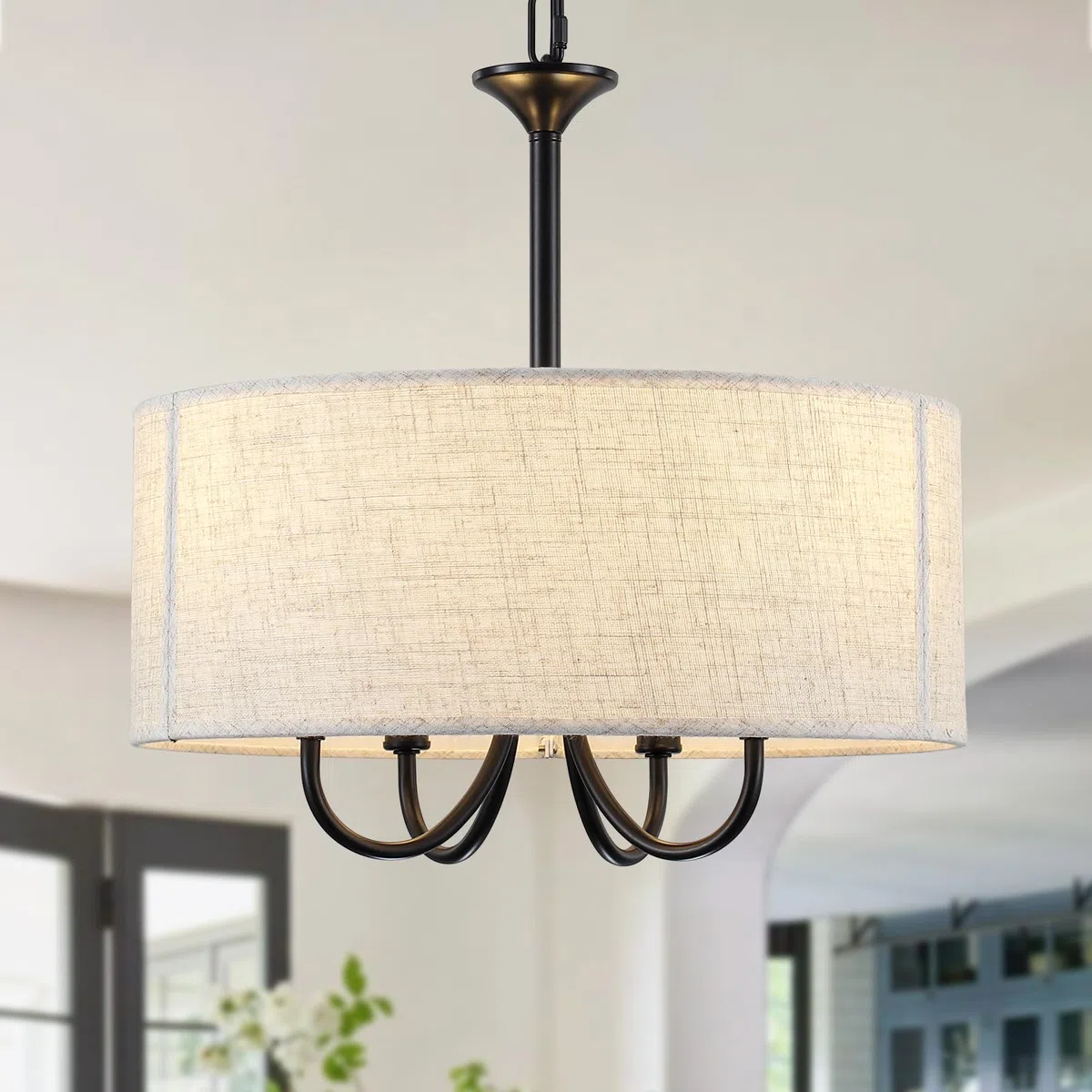 Schwarze Kronleuchter, 4 Flammig Deckenlampe Kronleuchter, E14 Schwarze Pendelleuchte mit Stoffschirm, Moderne Deckenlampe Kronleuchter für Küche, Flur, Schlafzimmer, Esszimmer