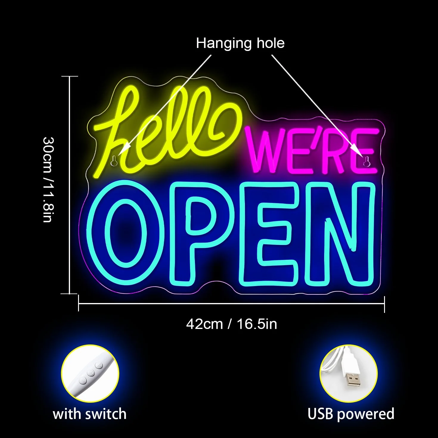 Ineonlife Open Schild Led We are Open Noen Schild für Wanddekoration, Leuchtschild Business Operations mit Dimmbar Usb, Blau Gelb Rosa Open Led Schild für Business Bar Shop Salon Hotel Cafe Store