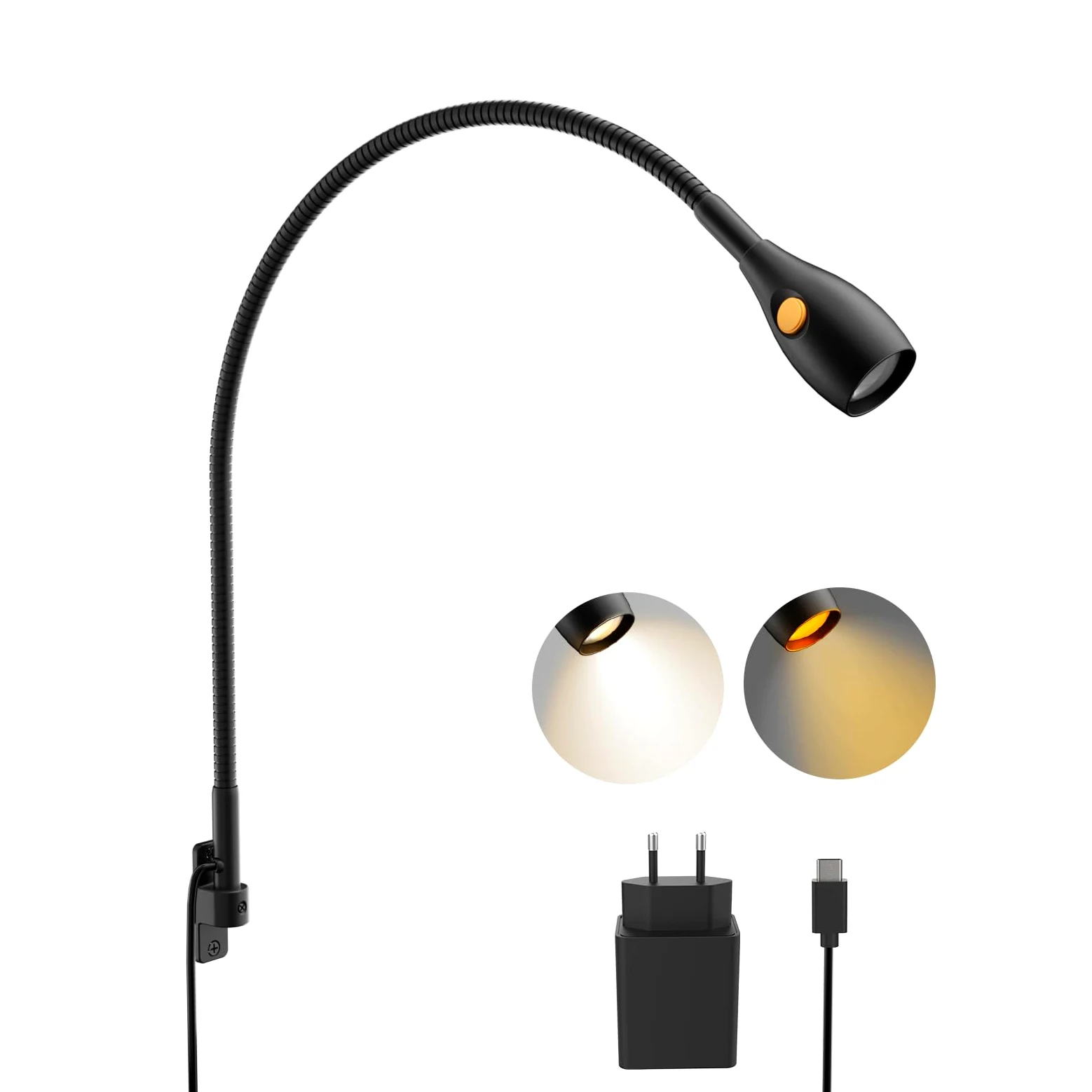 acegoo LED Leselampe Bett Vollmetall, Dimmbar Schwanenhals Lampe 3000K/Bernstein, Wandmontage Schwarz mit Schalter Flexible, praktischer Schalter am Lampenkopf für Buch Schlafzimmer (1 pack)