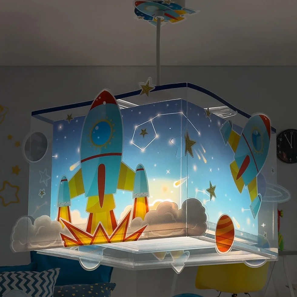 Dalber Lampe kinderzimmer, kinderlampe Pendelleuchte Hängelampe, Deckenleuchte Kinder, Deckenlampe kinderzimmer Rocket Raum Rakete Sonnensystem, 63352, E27, Blau