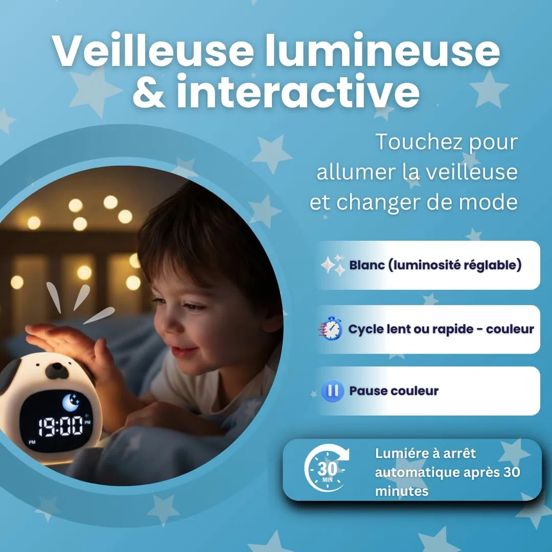 Lernwecker für Kinder, Tag / Nacht – Nachtlicht für Kinder, Musik und Licht, Lernuhr mit entspannender Musik – weißes Geräusch, Dekoration für Babyzimmer, Lichtwecker – 4 NIV Helligkeit (Hund)