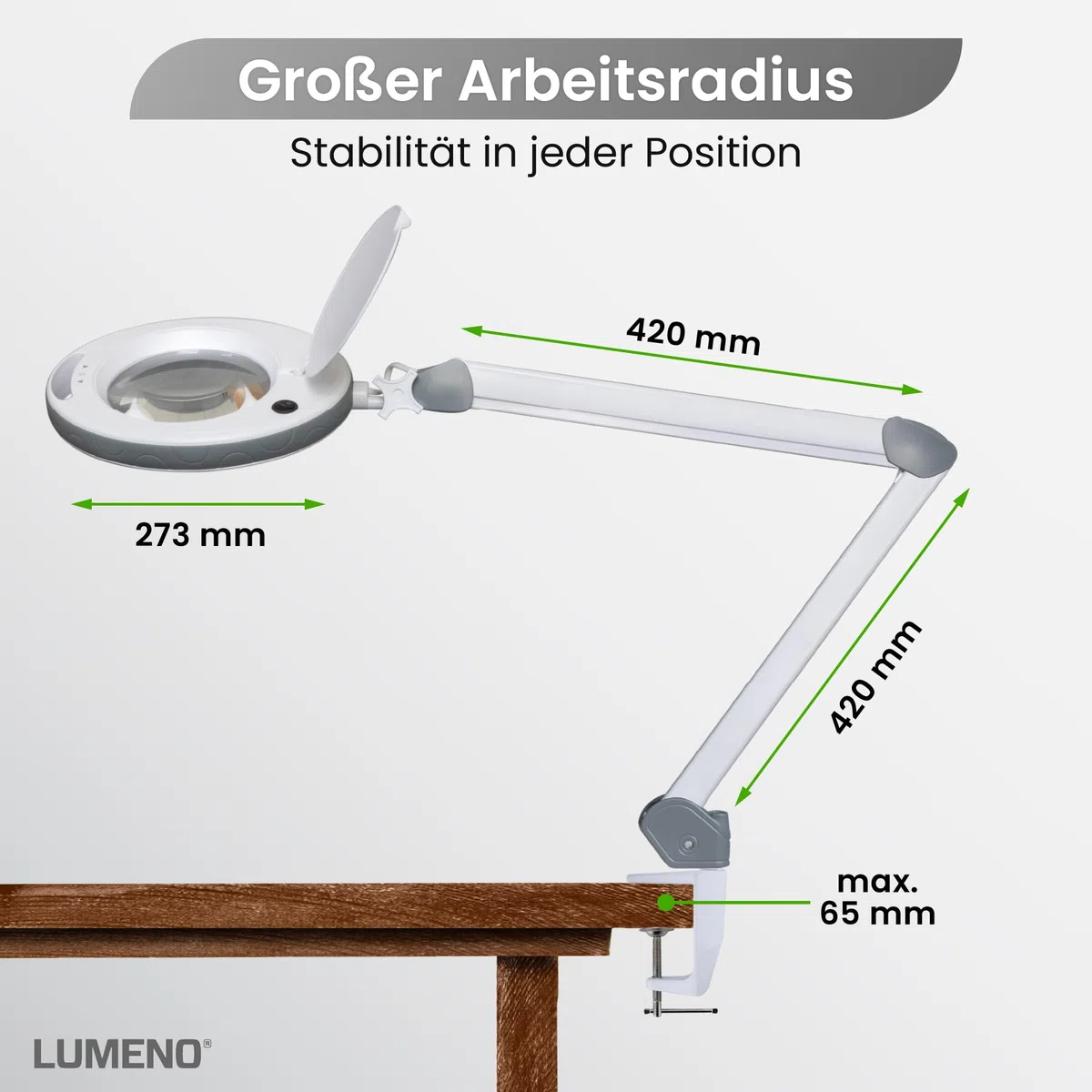 Lumeno dimmbare LED Lupenleuchte 8515GR 152 mm Echtglaslinse 5 Dioptrien einstellbare Helligkeitsstufen Grau