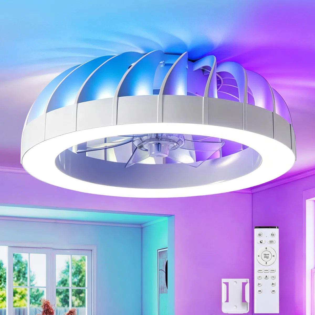RGB Deckenventilator mit Beleuchtung, 6 Windstufen | Ø50CM RGB Deckenventilator mit Licht und Fernbedienung, Dimmbar Deckenleuchte mit Ventilator Leise, Wohn