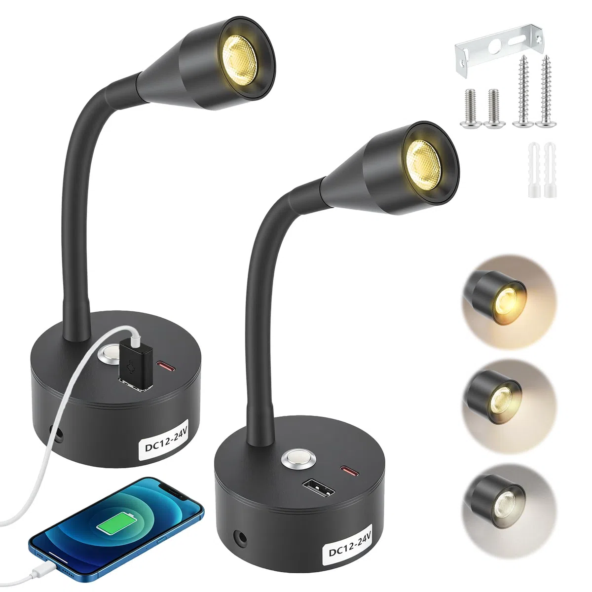2 Stücke Wohnmobil Leselampe mit USB A+C-Ladegerät, 12V LED Wandlampe Spot Dimmbar DREI Farbtemperaturen, Schwanenhals Flexible Wandleuchte für Camper Van Caravan Boat Yacht (Schwarz)
