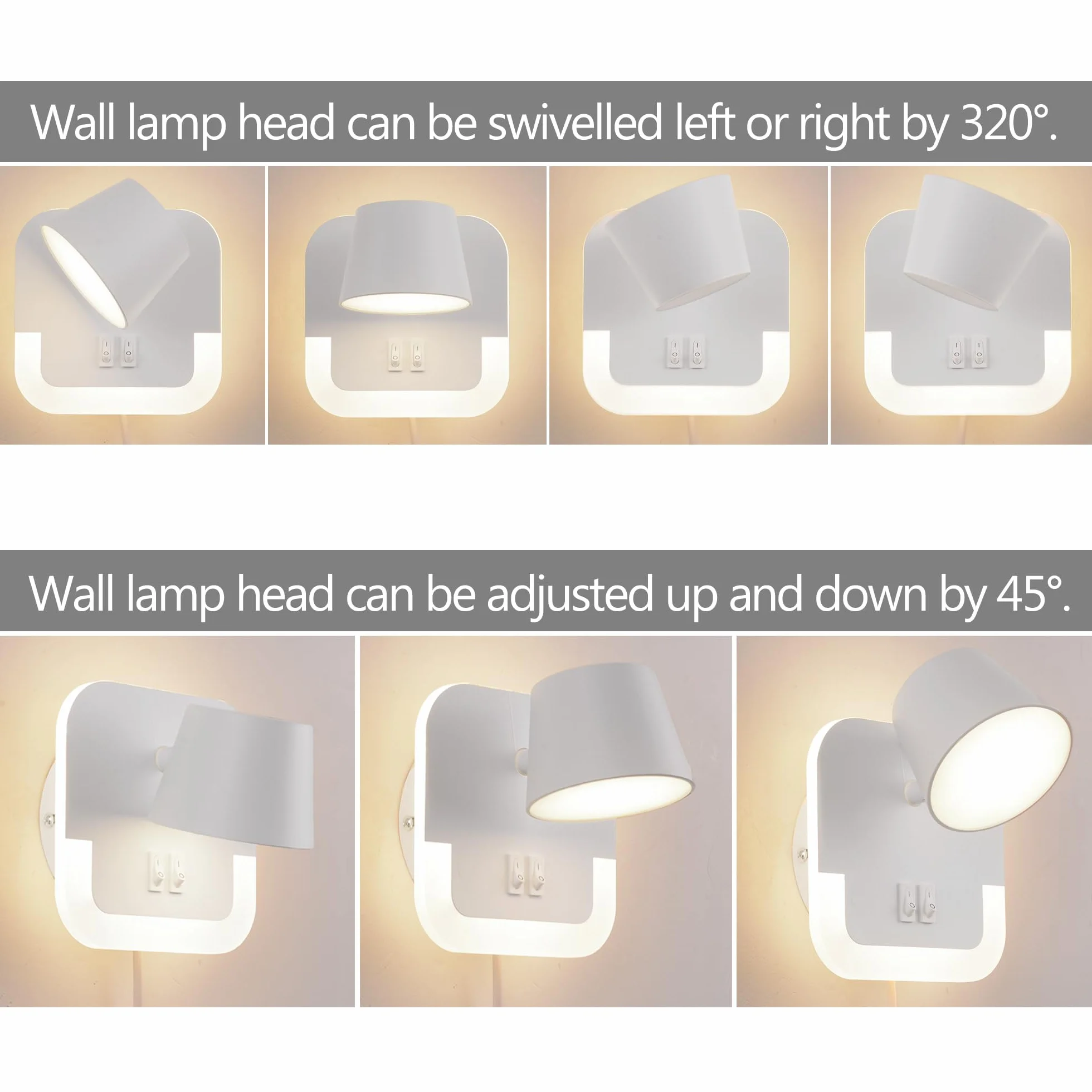 Leselampe Wandmontage Bett,LED Wandleuchte mit Schalter, 4W+8W Bettlampe Wandlampe Leselicht Schwenkbar für Schlafzimmer, Hotels wandleselampe nachttischlampe Mit Kabel,3000K Einstellbare Weiß