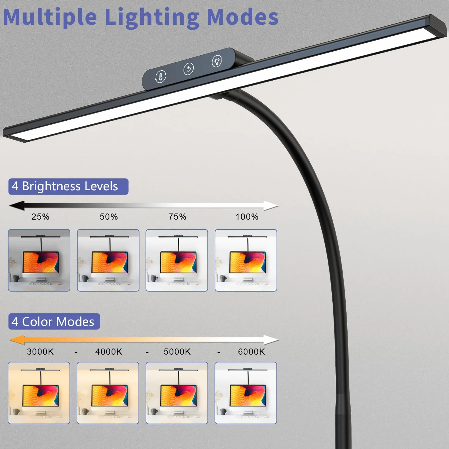 KableRika LED Schreibtischlampe Dimmbar, Flimmerfreie Augenschonende Tageslichtlampe, 4 Farbtemperaturen + 4 Helligkeitsstufen, Flexibler Schwanenhals, für Homeoffice, Lesen & Monitor, Schwarz