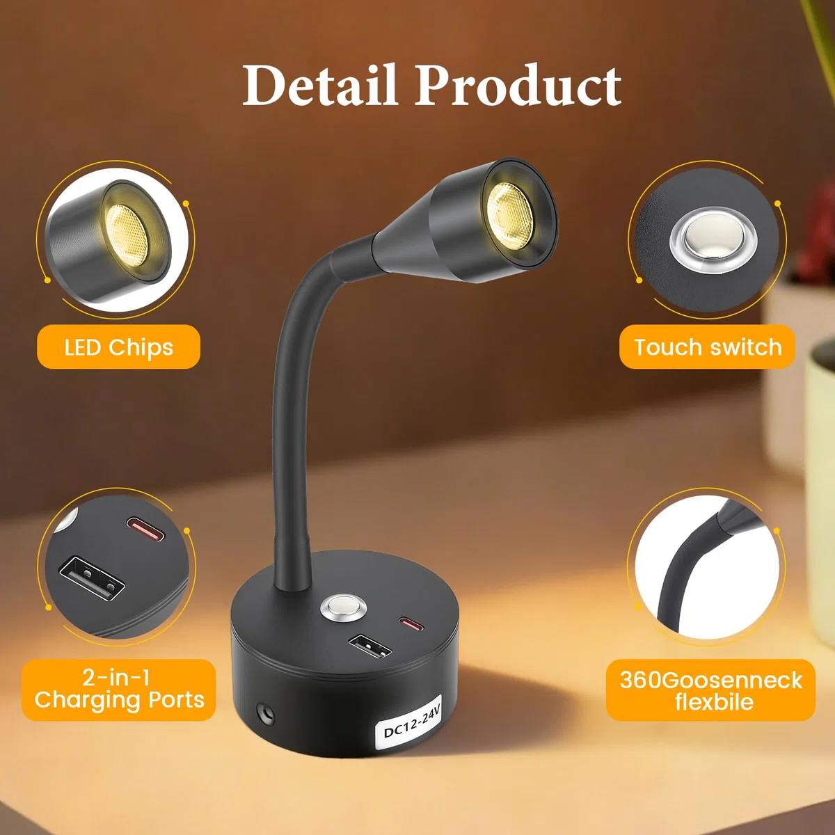 2 Stücke Wohnmobil Leselampe mit USB A+C-Ladegerät, 12V LED Wandlampe Spot Dimmbar DREI Farbtemperaturen, Schwanenhals Flexible Wandleuchte für Camper Van Caravan Boat Yacht (Schwarz)
