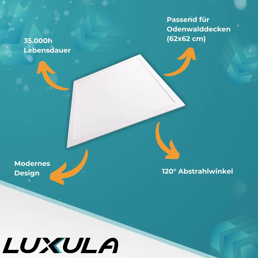 LUXULA LED Panel 62x62cm 36W 3600lm 4000K Neutralweiß Rasterleuchte mit Netzteil 230V flimmerfrei Deckenleuchte