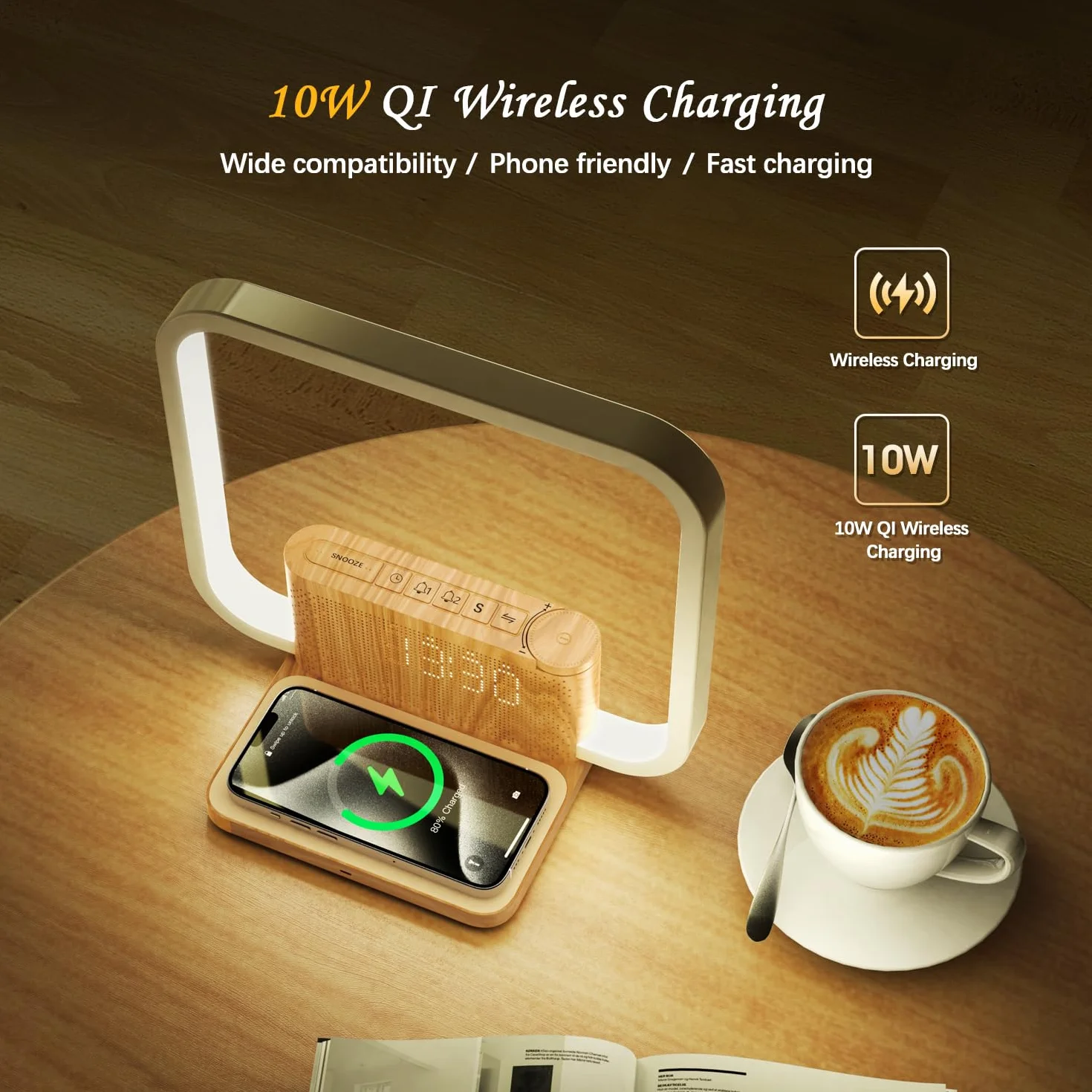 Nachttischlampe mit Ladefunktion, 10W Wireless Charger, Wake Up Licht, 10 Natürlichen Klängen Einschlafhilfe und Tischlampe Touch Dimmbar mit 3 Helligkeitsstufen für Schlafzimmer Wohnzimmer Büro