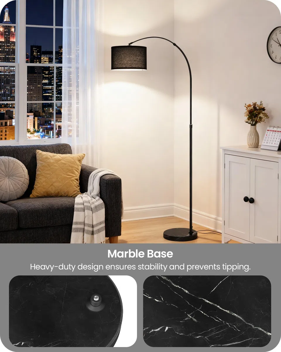 Stehlampe Wohnzimmer, 158-188 cm höhenverstellbare Bogenlampe, Dimmbare Stehleuchte mit Fernbedienung, mit LED Birne, Schwarze Standlampe für Schlafzimmer, ZB15LDD05