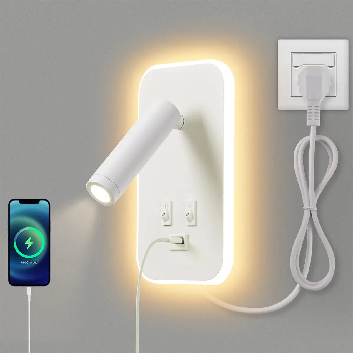 LED leselampe wandlampe USB-Aufladung mit schalter verstellbarer wandleselampe Bettlampe Wandleuchte innen Leselicht Schwenkbar Schlafzimmer 3W 3100K +9W 6000Kmit Stecker und Kabel, Weiß