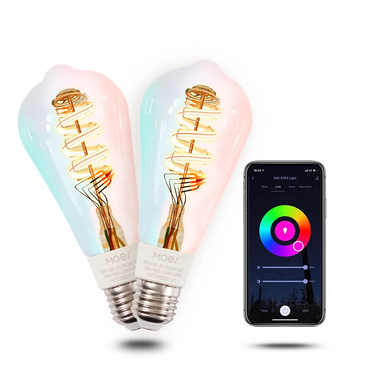 MOES Alexa Smart Glühbirne E27 Vintage, WLAN RGB LED Lampe, Dimmbar, 5W, 2700K-6500K Warmweiss & Kaltweiß, Edison Birne, Musiksynchronisation, 16 Mio. Farben, Kompatibel mit Alexa & Google Home,2 Pack