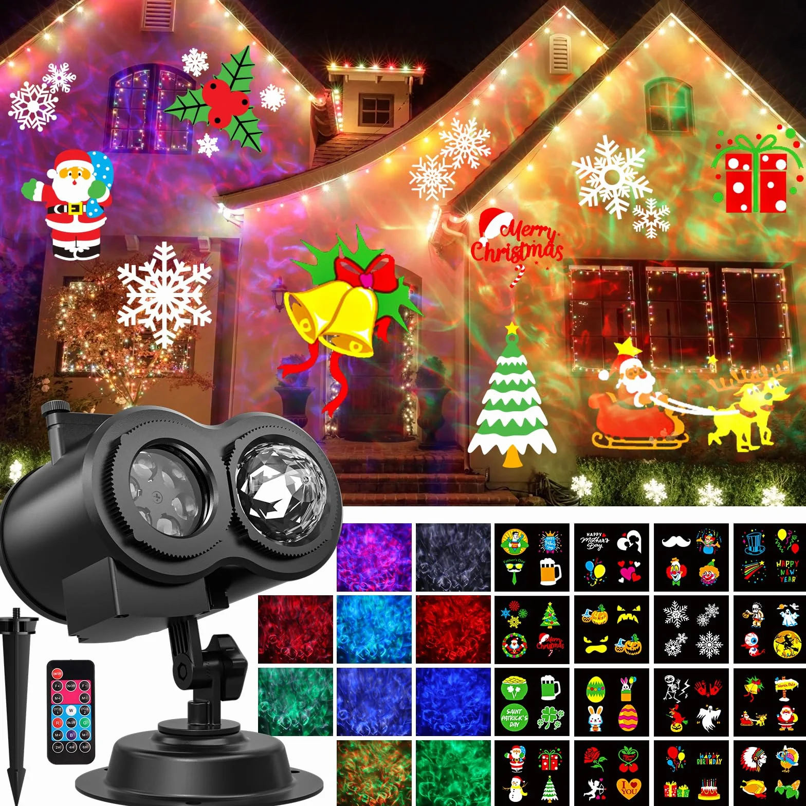 OUSFOT Projektor Weihnachten Aussen, 16 Folien, Halloween Projektor mit Fernbedienung und Timer-Funktion, Geeignet für Erntedankfest, Weihnachten, Neujahr, Partys